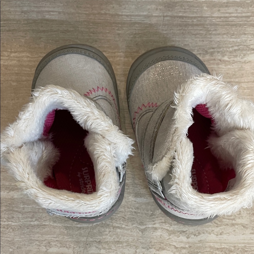 SURPRIZE NWOT Baby Girls Size 3 Cozy Gray and Pink Boots Velcro - Picture 9 of 11